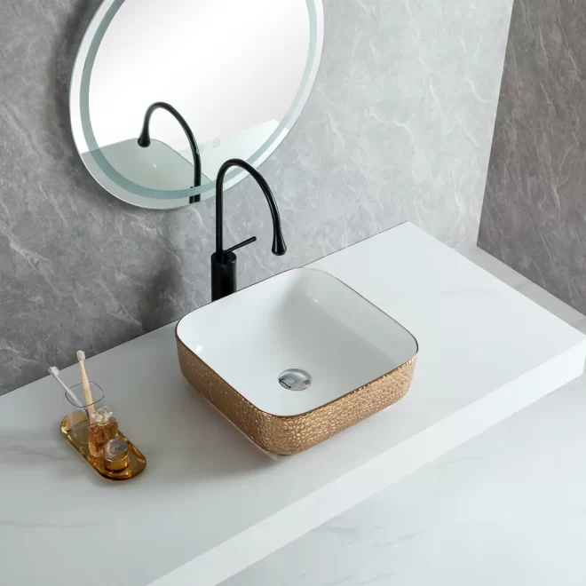 Gold Wholesale Ceramic Vessel Sinks, Custom Square Basins-5