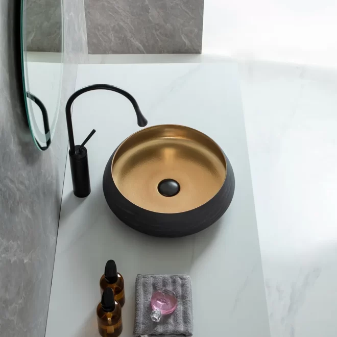 Gold Brushed Wholesale Porcelain Basins, Round Vessel Sinks-5