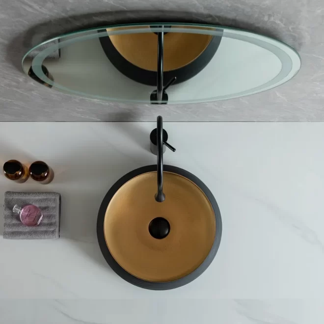 Gold Brushed Wholesale Porcelain Basins, Round Vessel Sinks-3