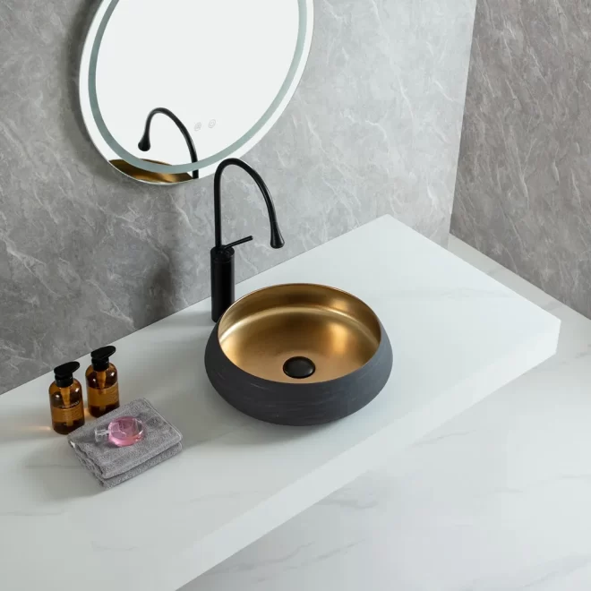 Gold Brushed Wholesale Porcelain Basins, Round Vessel Sinks-2
