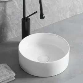 Fregadero redondo a medida para encimera de baño, lavabo de cerámica blanca a granel
