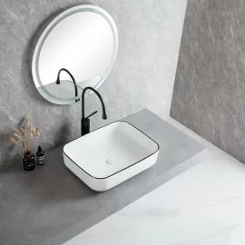 Lavatório de casa de banho moderno por atacado, branco brilhante com rebordo preto