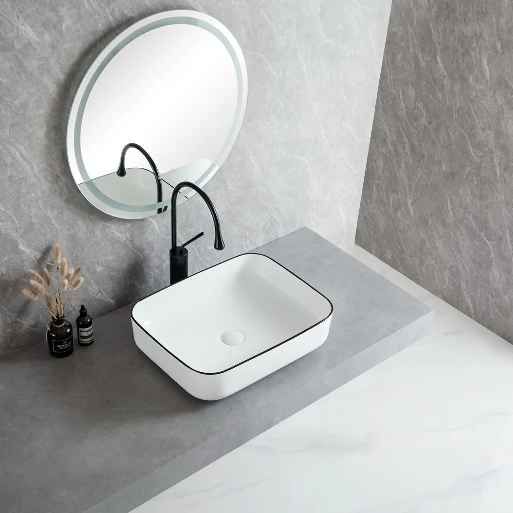 Lavatório de casa de banho moderno por atacado, branco brilhante com rebordo preto