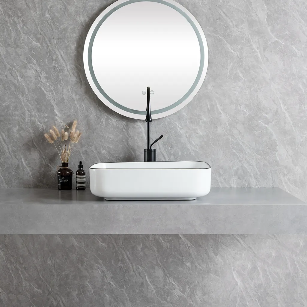 Lavatório de casa de banho moderno por atacado, branco brilhante com rebordo preto