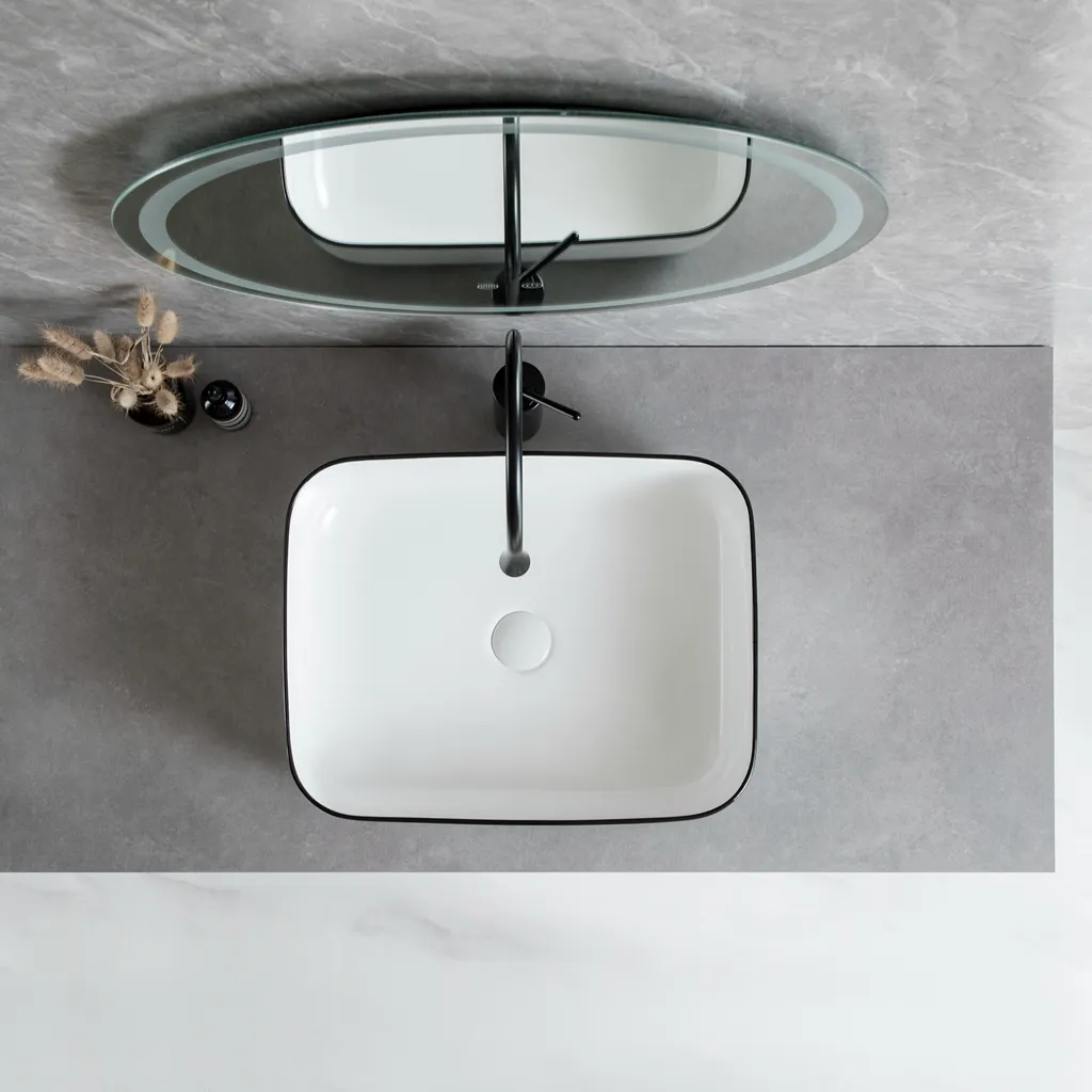 Lavatório de casa de banho moderno por atacado, branco brilhante com rebordo preto