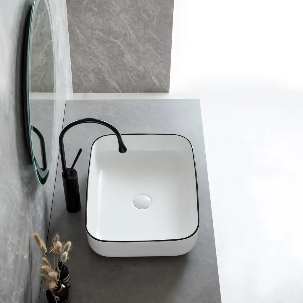 Lavatório de casa de banho moderno por atacado, branco brilhante com rebordo preto