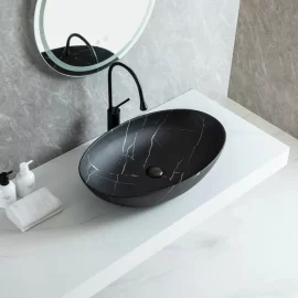 Wholesale Oval Ceramic Basin Black Marble Texture Art Sink
